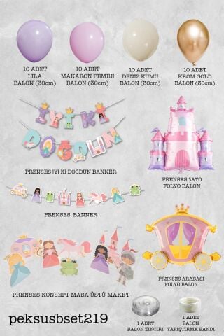 Prenses Tema Doğum Günü Lüks Set Balon Zinciri ve Masa Süsleri Seti - Set219