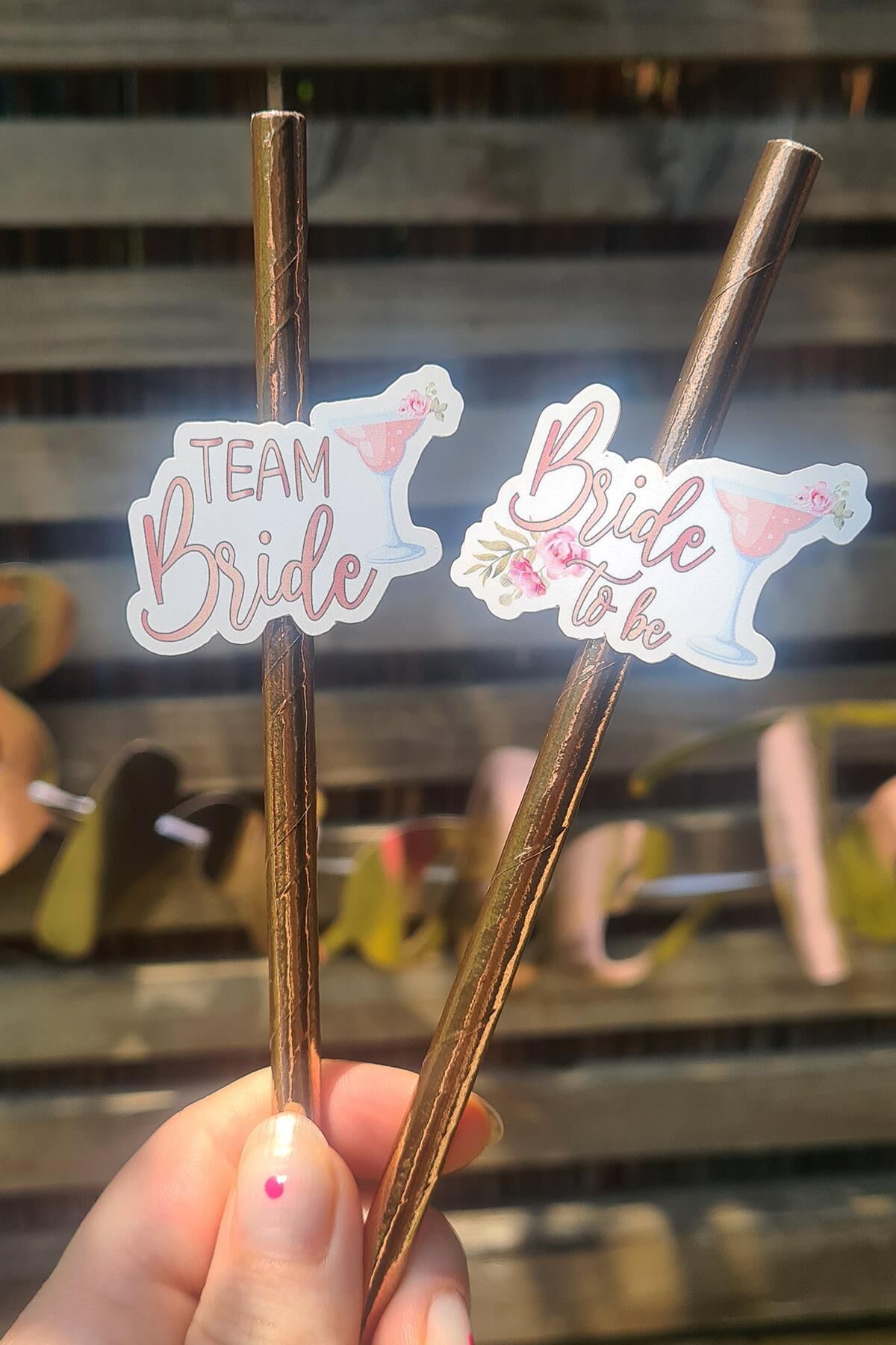 Bride Pipet Seti Çiçekli Rose Gold Konsept Bekarlığa Veda Bride Party Süslü Pipet Takımı 5 li