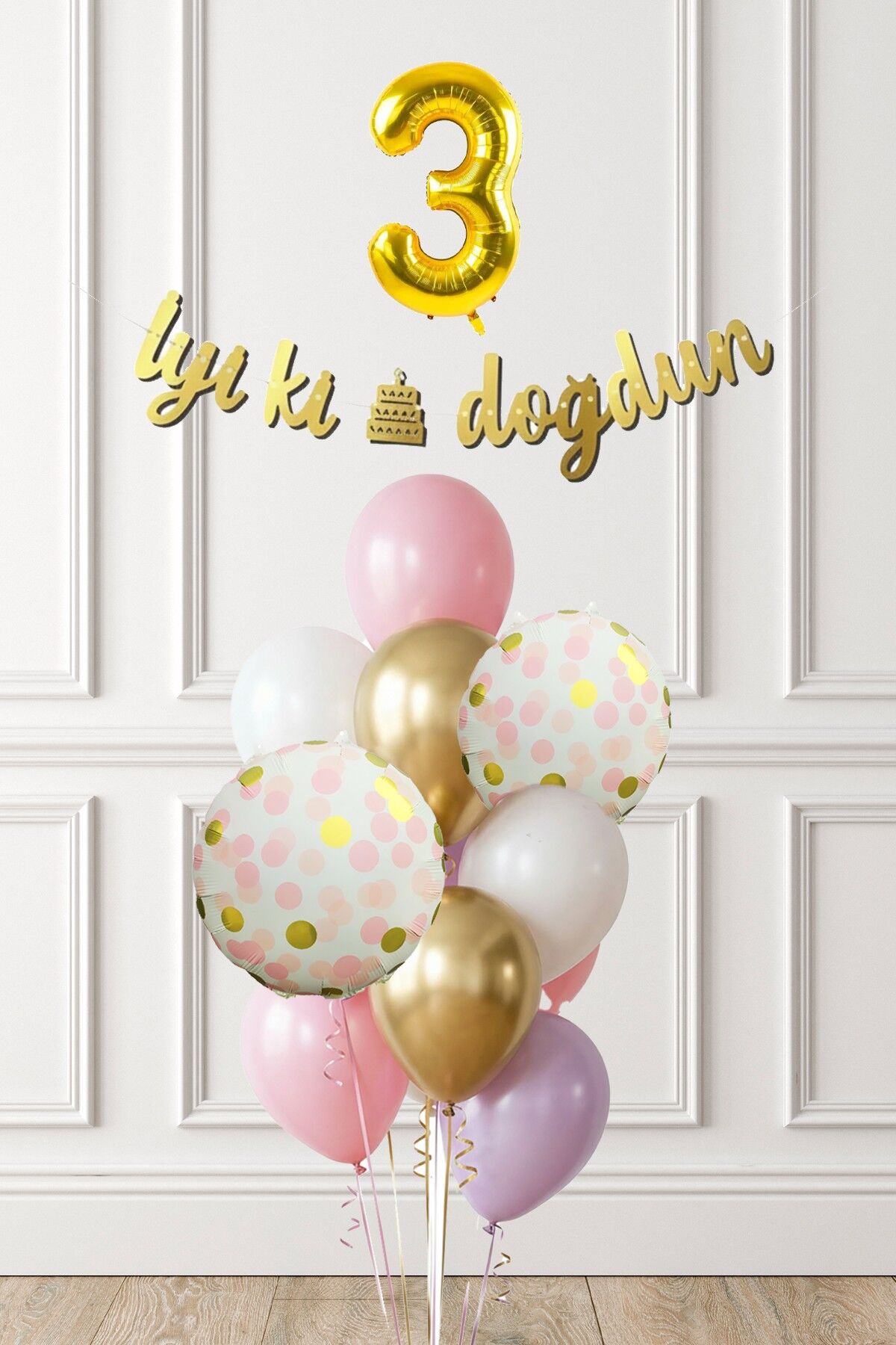 Pembe Gold Kız Doğum Günü Parti Konsepti Balon Banner Seti 3