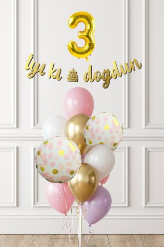 Pembe Gold Kız Doğum Günü Parti Konsepti Balon Banner Seti 3