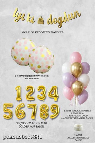 Pembe Gold Kız Doğum Günü Parti Konsepti Balon Banner Seti 6