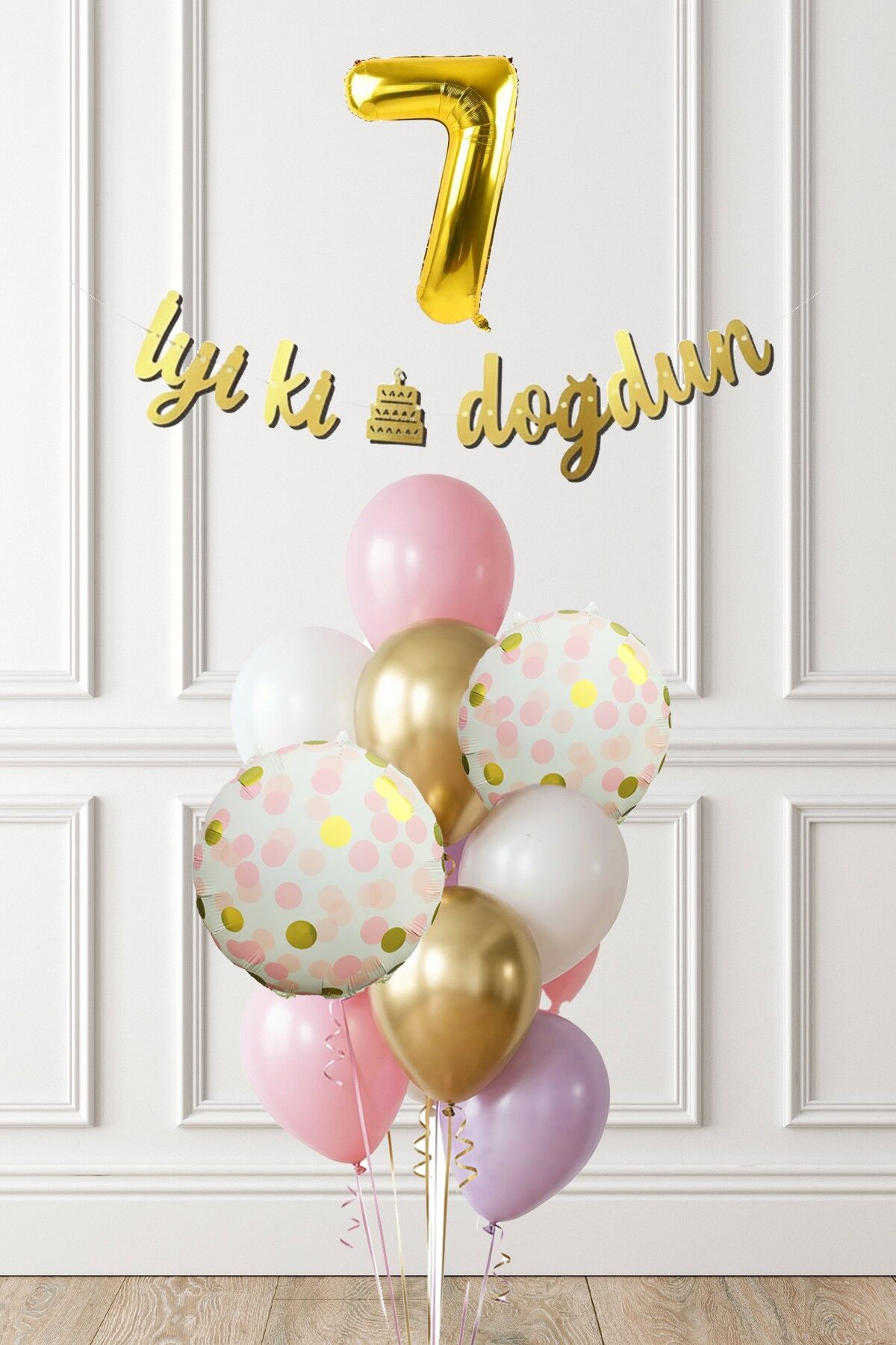Pembe Gold Kız Doğum Günü Parti Konsepti Balon Banner Seti 7