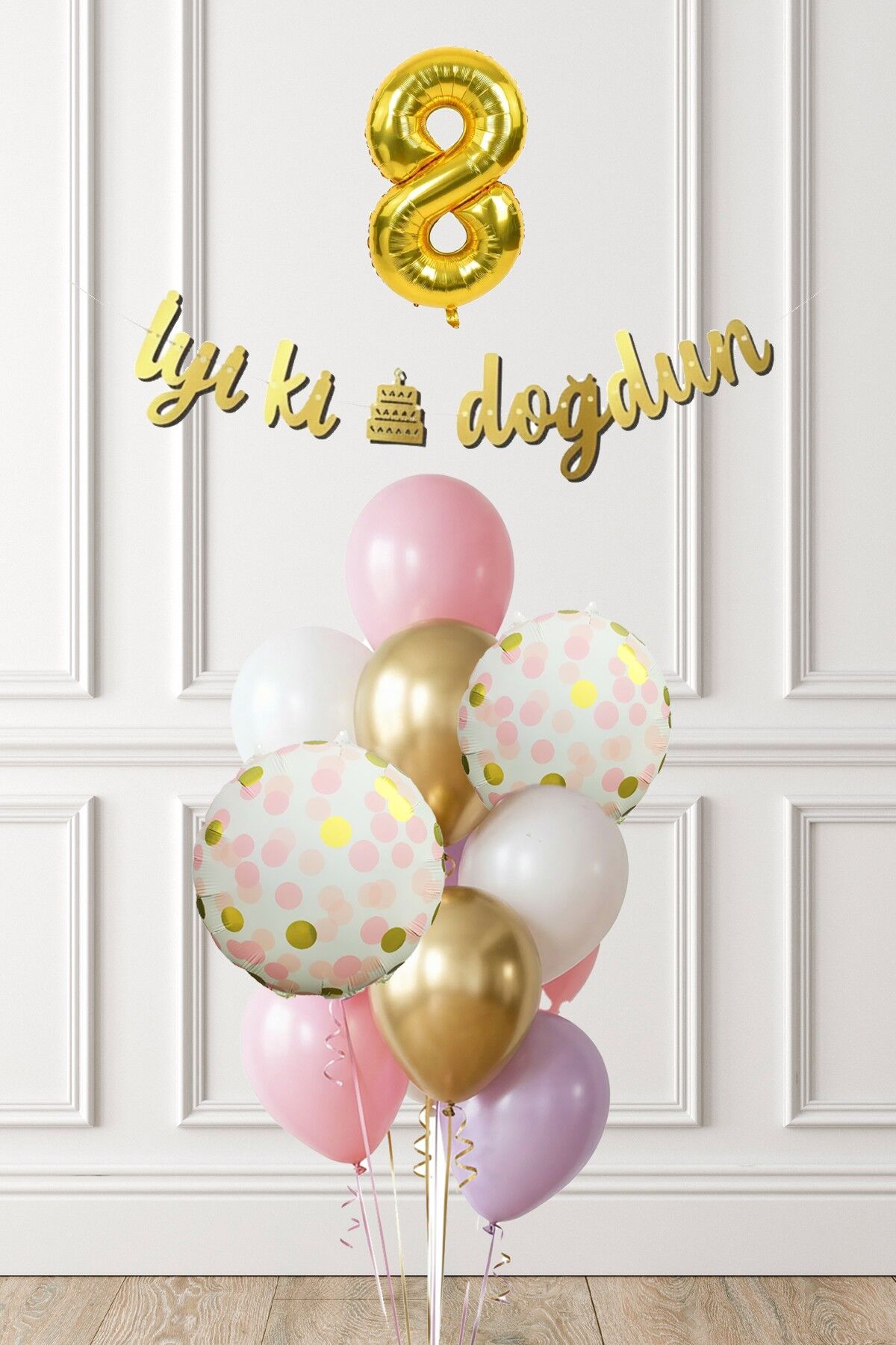 Pembe Gold Kız Doğum Günü Parti Konsepti Balon Banner Seti 8