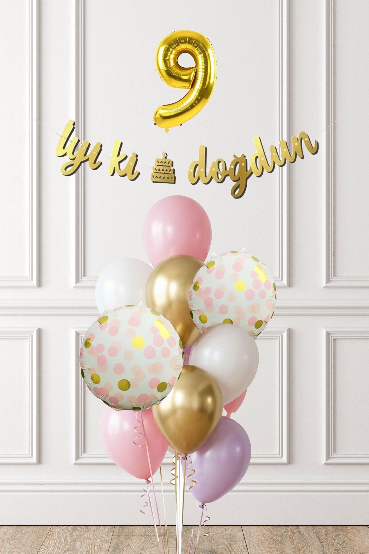 Pembe Gold Kız Doğum Günü Parti Konsepti Balon Banner Seti 9