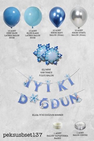 Frozen Elsa Tema Doğum Günü Balon Zinciri Seti İyi Ki Doğdun Bannerlı Karlar Ülkesi Konsept Süsler