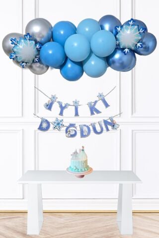 Frozen Elsa Tema Doğum Günü Balon Zinciri Seti İyi Ki Doğdun Bannerlı Karlar Ülkesi Konsept Süsler