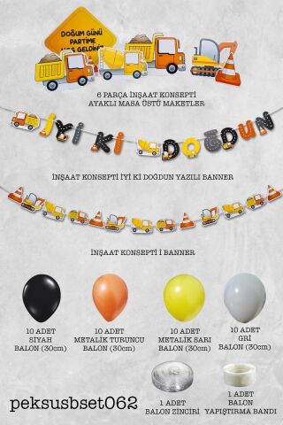 İnşaat Temalı Doğum Günü Parti Seti Ayaklı Masa Üstü Maket Bannerlı Parti Süsleme Seti