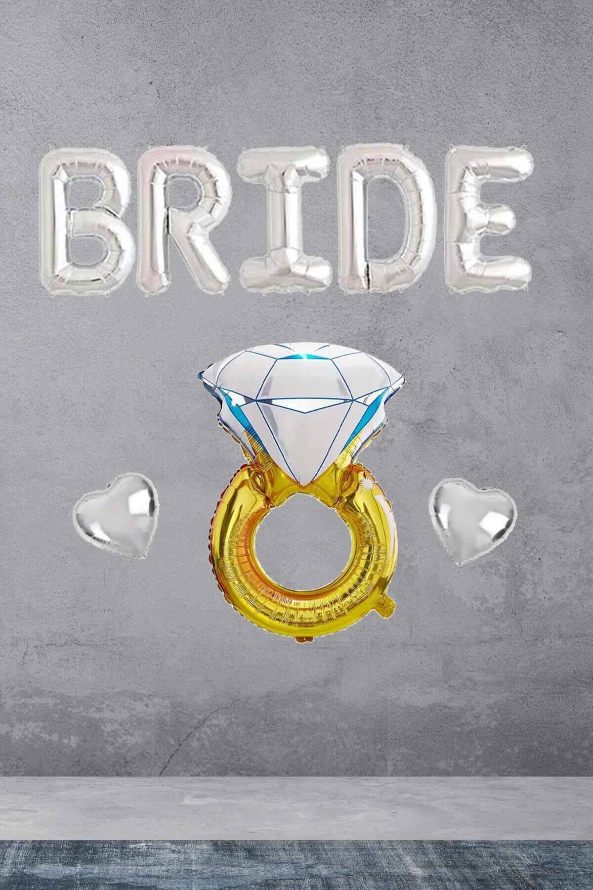 Bride Gümüş Folyo Balon Paketi - Tek Taşlı Kalp Balonlu Bride Set