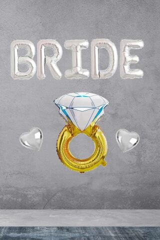 Bride Gümüş Folyo Balon Paketi - Tek Taşlı Kalp Balonlu Bride Set