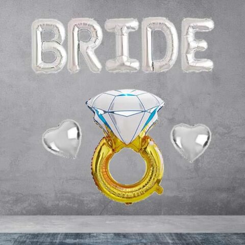 Bride Gümüş Folyo Balon Paketi - Tek Taşlı Kalp Balonlu Bride Set