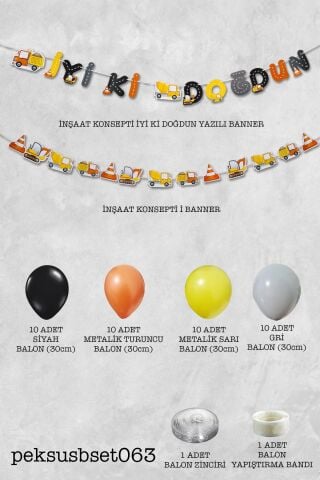 İnşaat Temalı Doğum Günü Parti Seti Balon Zinciri Bannerlı Doğum Günü Süsleme Seti