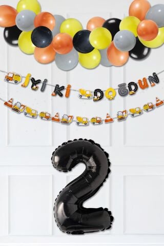 İnşaat Doğum Günü Balon Zinciri Yaş Balonlu Parti Süsleme Seti Bannerlı Rakam Balonlu Paket
