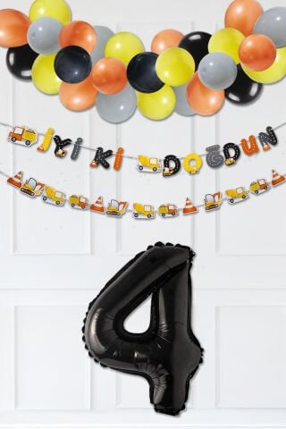 İnşaat Doğum Günü Balon Zinciri Yaş Balonlu Parti Süsleme Seti Bannerlı Rakam Balonlu Paket