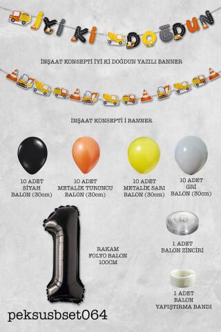 İnşaat Doğum Günü Balon Zinciri Yaş Balonlu Parti Süsleme Seti Bannerlı Rakam Balonlu Paket 1