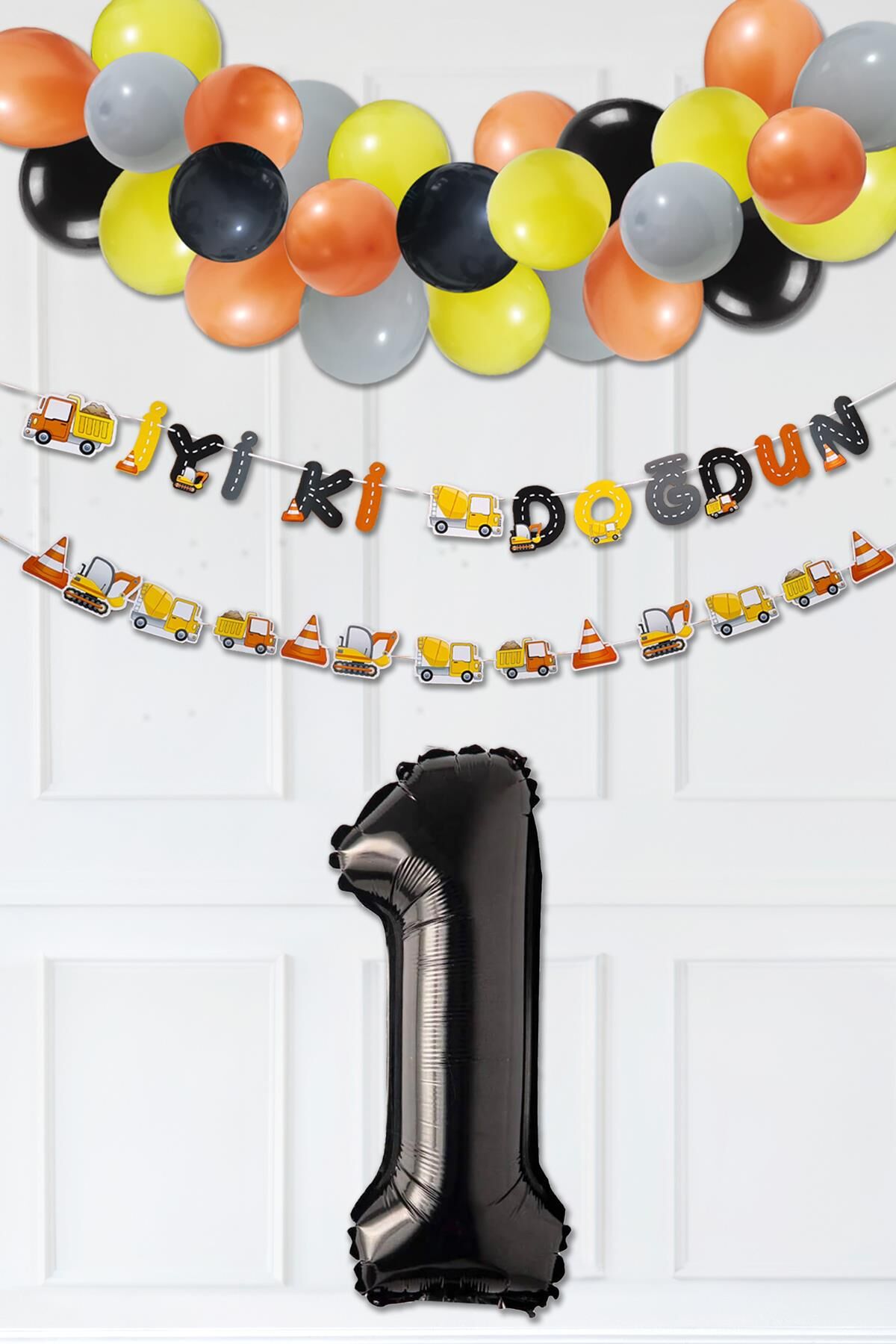 İnşaat Doğum Günü Balon Zinciri Yaş Balonlu Parti Süsleme Seti Bannerlı Rakam Balonlu Paket 1