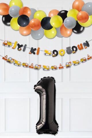 İnşaat Doğum Günü Balon Zinciri Yaş Balonlu Parti Süsleme Seti Bannerlı Rakam Balonlu Paket 1