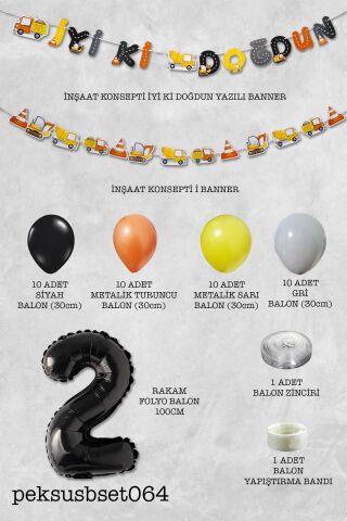 İnşaat Doğum Günü Balon Zinciri Yaş Balonlu Parti Süsleme Seti Bannerlı Rakam Balonlu Paket 2