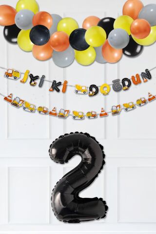 İnşaat Doğum Günü Balon Zinciri Yaş Balonlu Parti Süsleme Seti Bannerlı Rakam Balonlu Paket 2