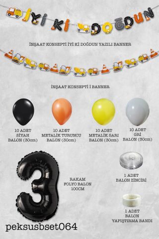 İnşaat Doğum Günü Balon Zinciri Yaş Balonlu Parti Süsleme Seti Bannerlı Rakam Balonlu Paket 3