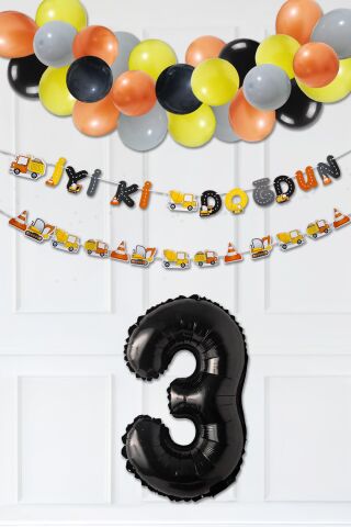 İnşaat Doğum Günü Balon Zinciri Yaş Balonlu Parti Süsleme Seti Bannerlı Rakam Balonlu Paket 3