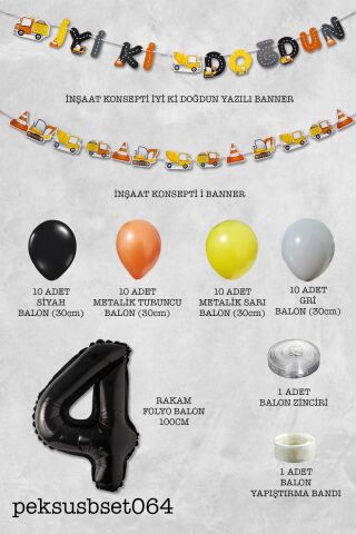 İnşaat Doğum Günü Balon Zinciri Yaş Balonlu Parti Süsleme Seti Bannerlı Rakam Balonlu Paket 4