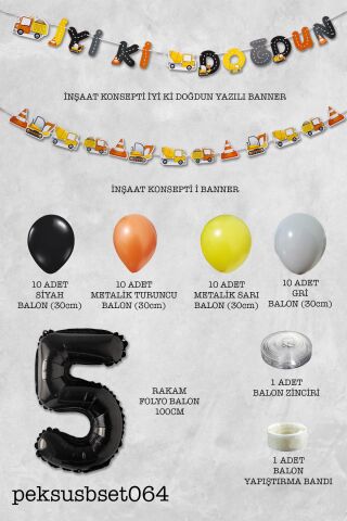 İnşaat Doğum Günü Balon Zinciri Yaş Balonlu Parti Süsleme Seti Bannerlı Rakam Balonlu Paket 5