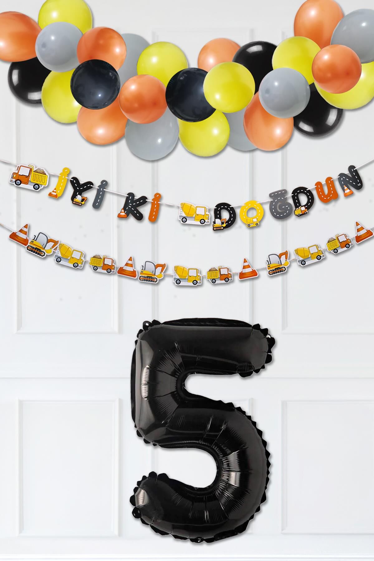 İnşaat Doğum Günü Balon Zinciri Yaş Balonlu Parti Süsleme Seti Bannerlı Rakam Balonlu Paket 5