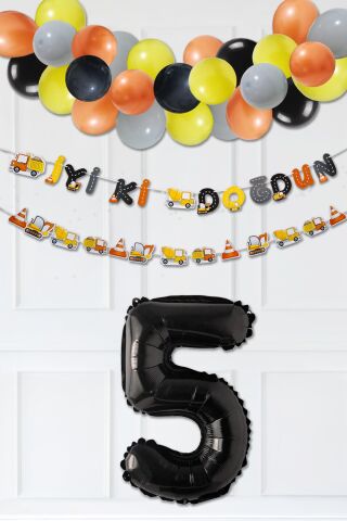 İnşaat Doğum Günü Balon Zinciri Yaş Balonlu Parti Süsleme Seti Bannerlı Rakam Balonlu Paket 5
