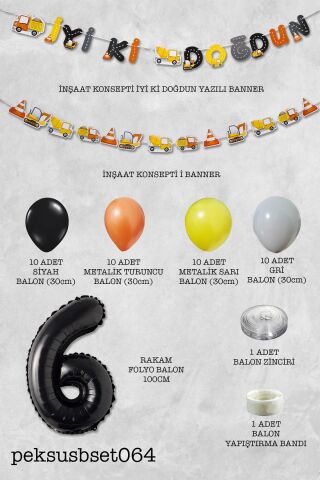 İnşaat Doğum Günü Balon Zinciri Yaş Balonlu Parti Süsleme Seti Bannerlı Rakam Balonlu Paket 6