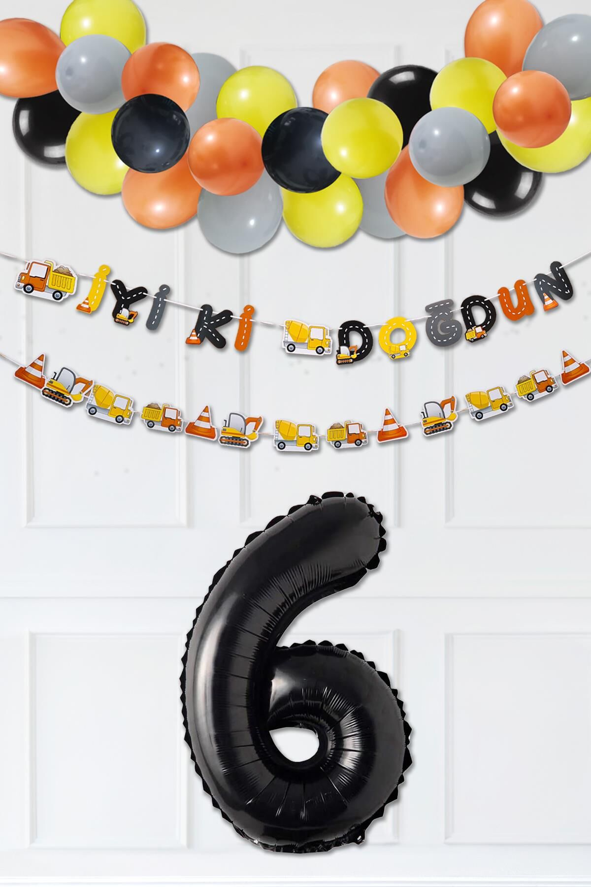 İnşaat Doğum Günü Balon Zinciri Yaş Balonlu Parti Süsleme Seti Bannerlı Rakam Balonlu Paket 6