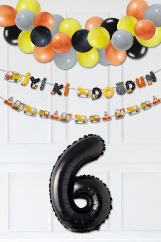 İnşaat Doğum Günü Balon Zinciri Yaş Balonlu Parti Süsleme Seti Bannerlı Rakam Balonlu Paket 6