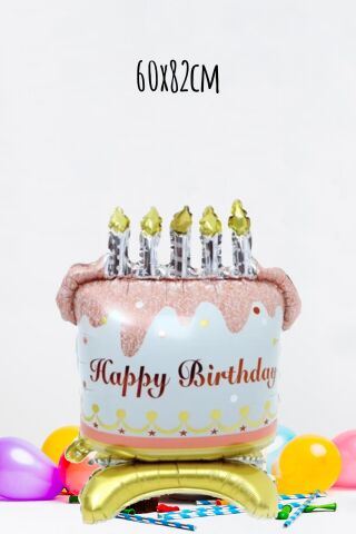 Ayaklı Doğum Günü Pastası Folyo Balon Mumlu Happy Birthday Pasta Balon