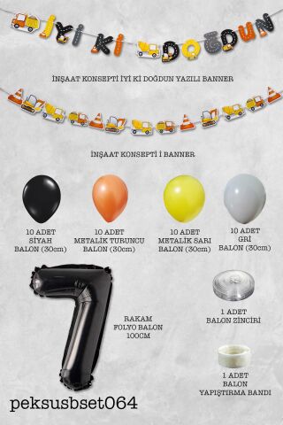 İnşaat Doğum Günü Balon Zinciri Yaş Balonlu Parti Süsleme Seti Bannerlı Rakam Balonlu Paket 7