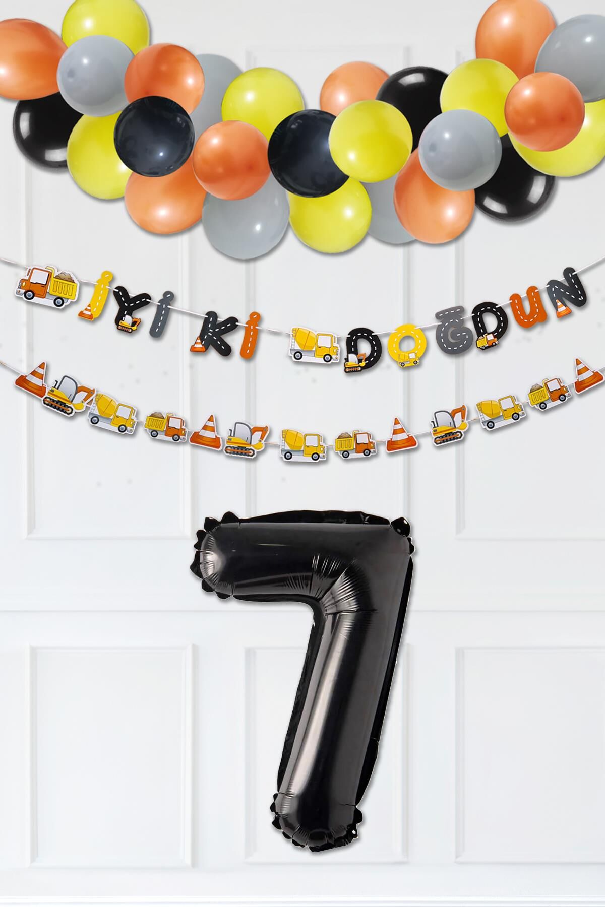 İnşaat Doğum Günü Balon Zinciri Yaş Balonlu Parti Süsleme Seti Bannerlı Rakam Balonlu Paket 7