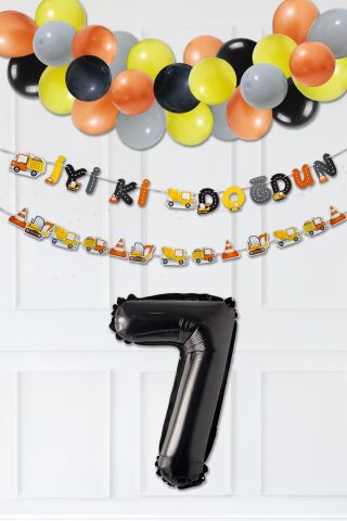 İnşaat Doğum Günü Balon Zinciri Yaş Balonlu Parti Süsleme Seti Bannerlı Rakam Balonlu Paket 7