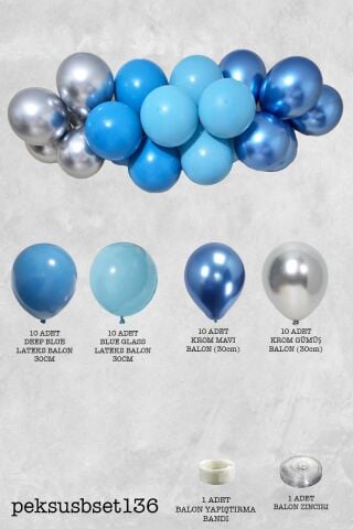 Retro Mavi Gümüş Balon Zinciri Seti