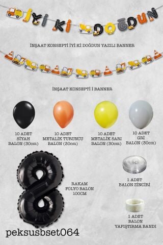 İnşaat Doğum Günü Balon Zinciri Yaş Balonlu Parti Süsleme Seti Bannerlı Rakam Balonlu Paket 8