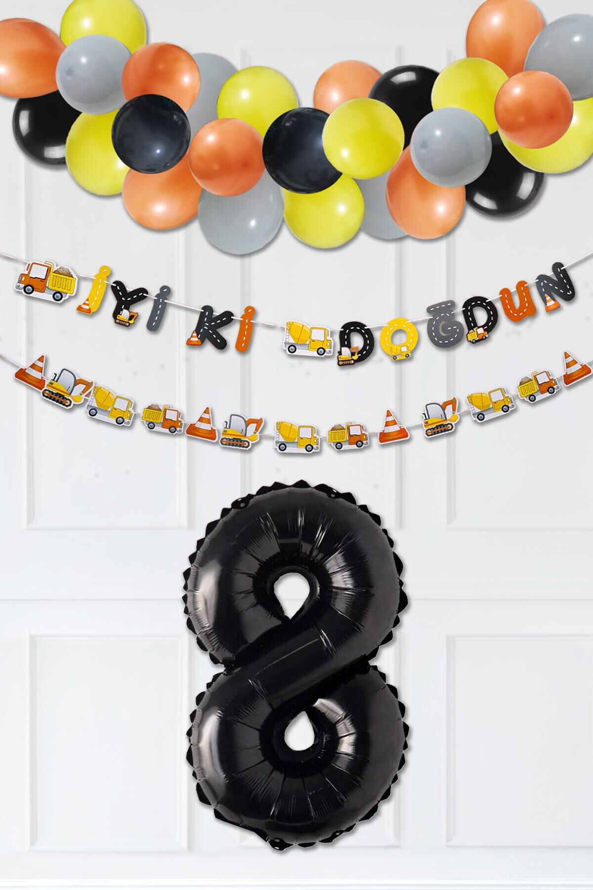 İnşaat Doğum Günü Balon Zinciri Yaş Balonlu Parti Süsleme Seti Bannerlı Rakam Balonlu Paket 8
