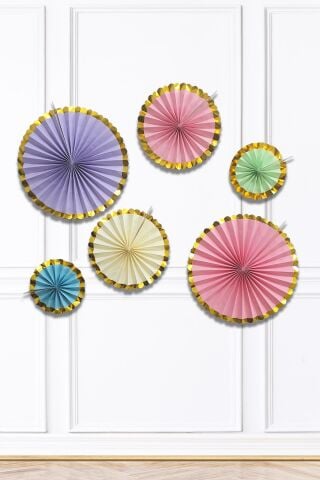 Makaron Renkler Gold Yaldızlı Yelpaze Süs Seti 6lı Fan Duvar Süsü Makaron Gold Varaklı 6lı Arkalı Önlü