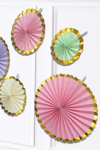 Makaron Renkler Gold Yaldızlı Yelpaze Süs Seti 6lı Fan Duvar Süsü Makaron Gold Varaklı 6lı Arkalı Önlü