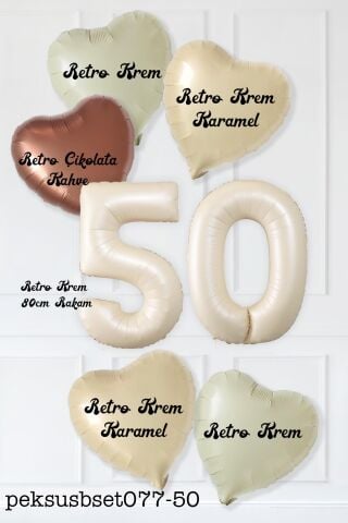 Retro 50 Yaş Doğum Günü Parti Balon Seti Krem Karamel Bej Çikolata Kahve Retro Kalp Balonlu 50 Yaş Parti Balon Seti