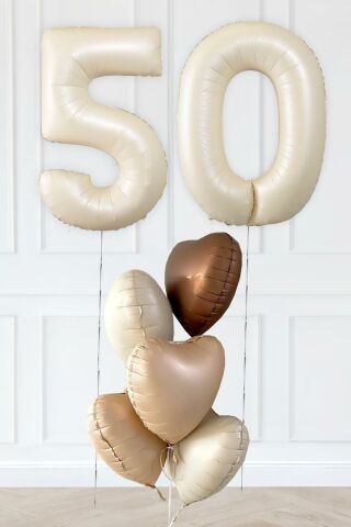Retro 50 Yaş Doğum Günü Parti Balon Seti Krem Karamel Bej Çikolata Kahve Retro Kalp Balonlu 50 Yaş Parti Balon Seti