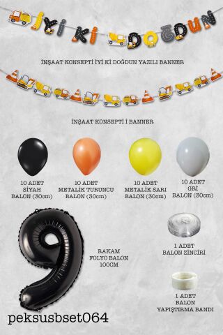 İnşaat Doğum Günü Balon Zinciri Yaş Balonlu Parti Süsleme Seti Bannerlı Rakam Balonlu Paket 9
