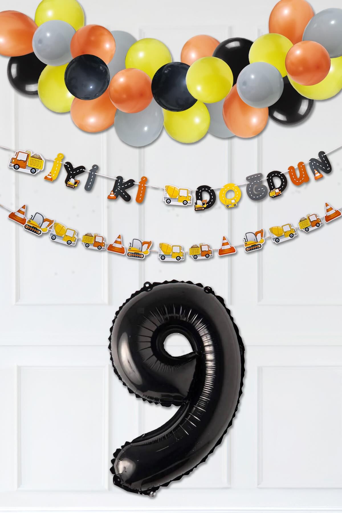İnşaat Doğum Günü Balon Zinciri Yaş Balonlu Parti Süsleme Seti Bannerlı Rakam Balonlu Paket 9