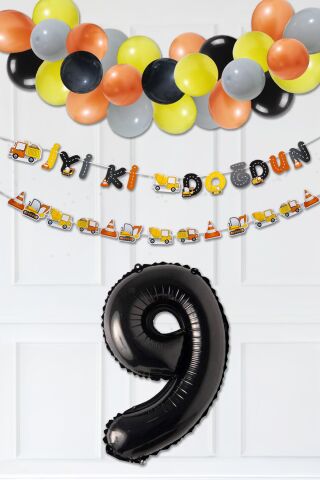 İnşaat Doğum Günü Balon Zinciri Yaş Balonlu Parti Süsleme Seti Bannerlı Rakam Balonlu Paket 9