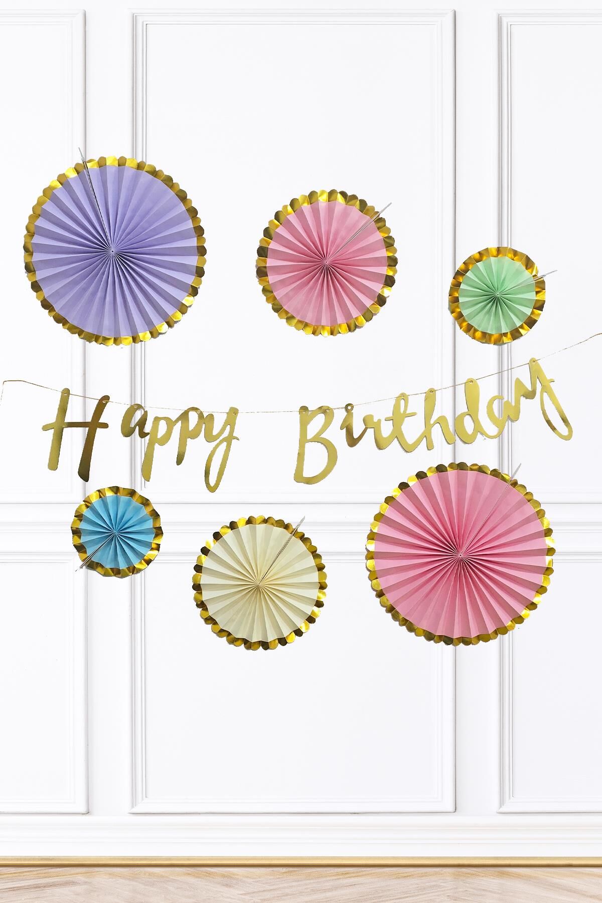 Makaron Renkler Gold Yaldızlı Yelpaze Süs Seti 6lı Gold Happy Birthday Bannerlı Paket