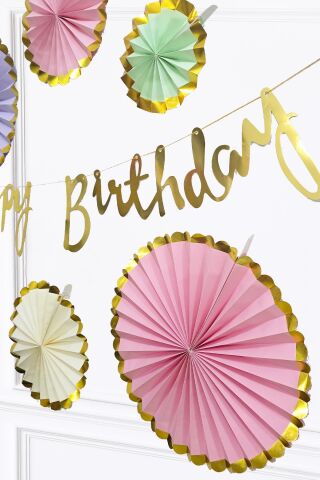 Makaron Renkler Gold Yaldızlı Yelpaze Süs Seti 6lı Gold Happy Birthday Bannerlı Paket