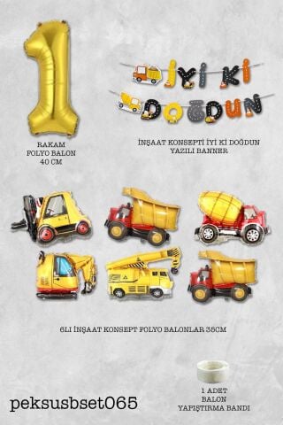 İnşaat Temalı Doğum Günü Parti Seti Yaş Balonlu Bannerlı Doğum Günü Süsleme Seti 1