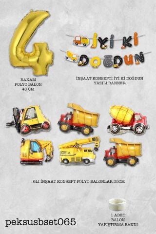 İnşaat Temalı Doğum Günü Parti Seti Yaş Balonlu Bannerlı Doğum Günü Süsleme Seti 4