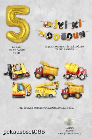 İnşaat Temalı Doğum Günü Parti Seti Yaş Balonlu Bannerlı Doğum Günü Süsleme Seti 5